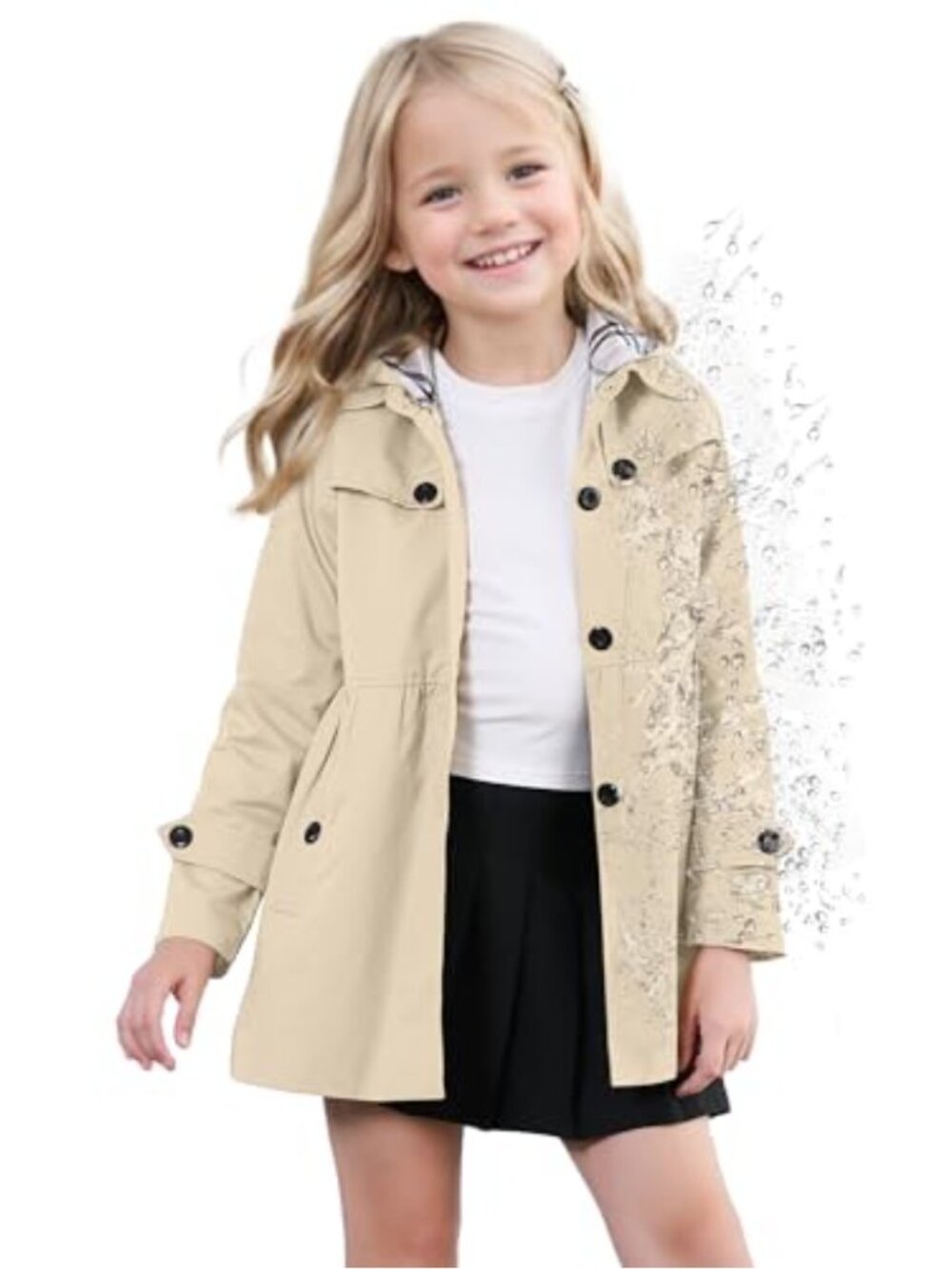 Girls Waterproof Trench Coat Hooded Rain Jacket with Plaid Lining